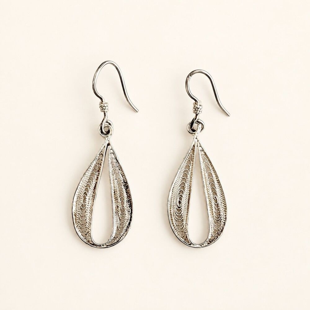 Artisan Handmade Silver Tone Filigree Teardrop Dangle Earrings Boho